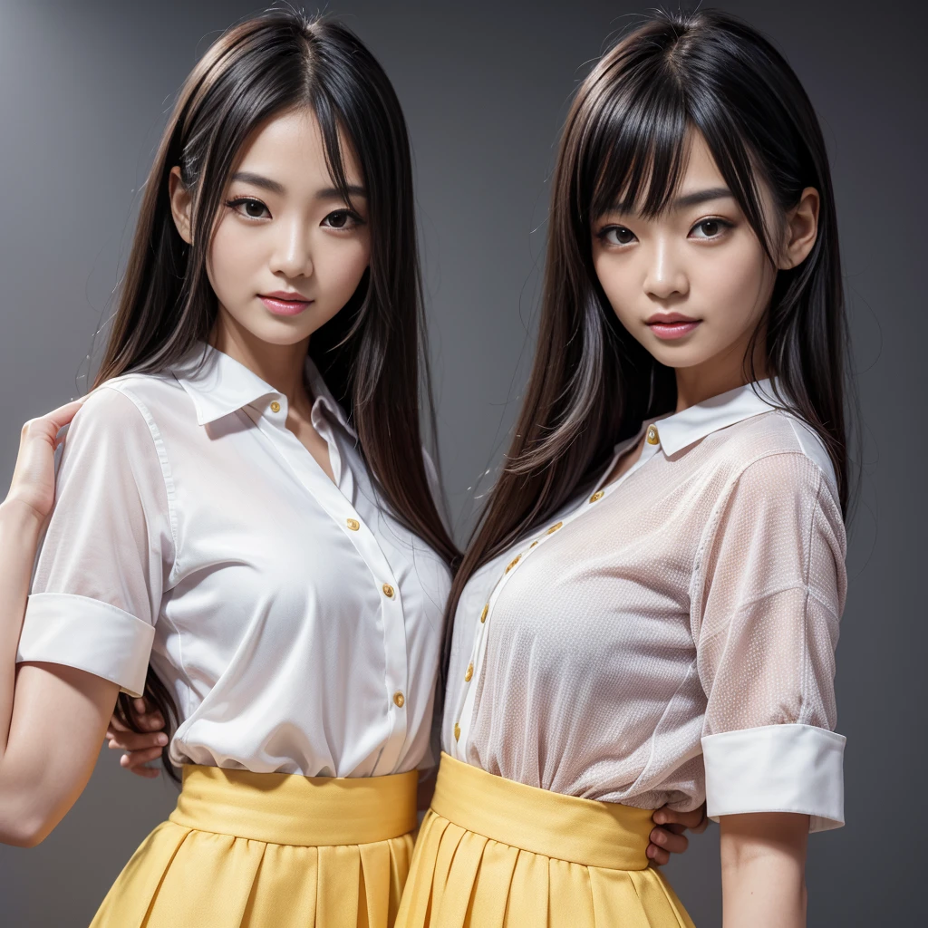 ((super high quality、High resolution、masterpiece、 Anatomically correct、Super detailed photos、Ultra-realistic photos、 Highest quality))、(3girls)、Group photo、looking at viewer、natural lighting、(Portrait Photography)、(White business shirt:1.2)、(from front)、(huge breast)、Light blue formal shirt、tight-fitting、Black Pencil Skirt、Small waist、Large Breasts、Detailed face、Perfect figure、Brown medium hair、Luxury hotel room at night、