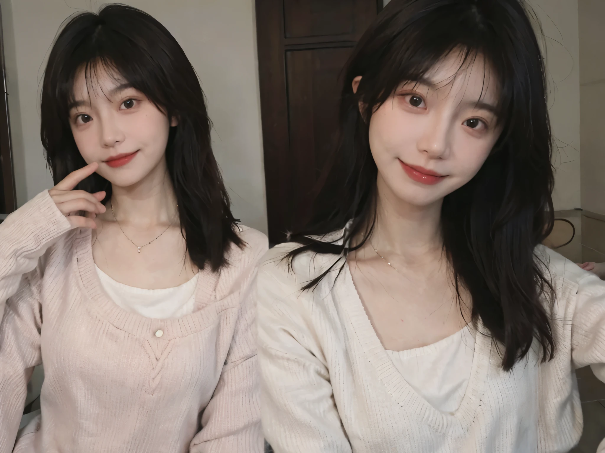 best quality, ultra high resolution, (realistically:1.4),cute hairpin,Baoyu Girl,1 girl,pink long sweater,pink long sweater ,Beautiful woman with slim figure:1.4, abdominal muscles:1.1, (a brown haired one, Medium chest:1.3), pink long sweater, bathroom,Super thin face,exquisite eyes,double eyelids,Smile,necklace