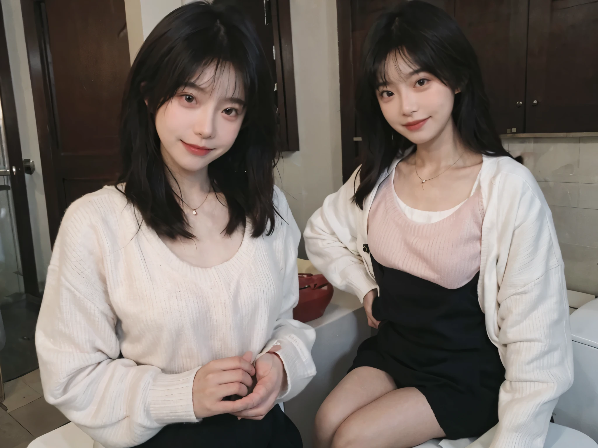 best quality, ultra high resolution, (realistically:1.4),cute hairpin,Baoyu Girl,1 girl,pink long sweater,pink long sweater ,Beautiful woman with slim figure:1.4, abdominal muscles:1.1, (a brown haired one, Medium chest:1.3), pink long sweater, bathroom,Super thin face,exquisite eyes,double eyelids,Smile,necklace