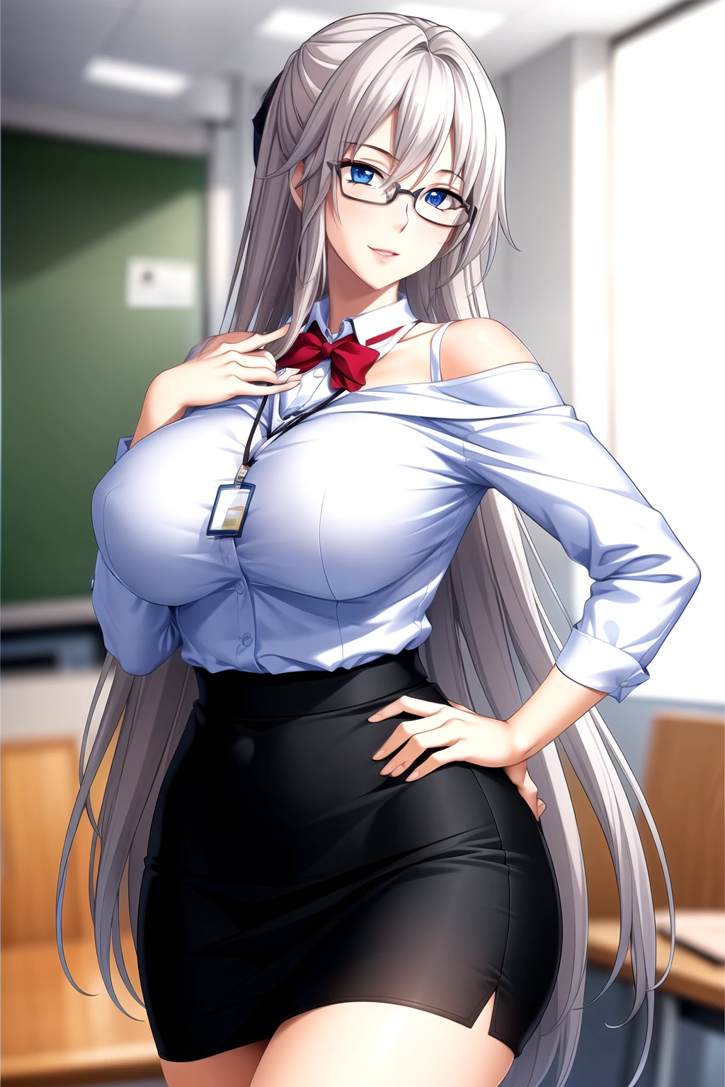 Perfect hands, Clear your fingers, Perfect fingers,full hand,wear glasses, office lady,office worker,Pencil Skirt,office worker装, (ID card) Lanyard,露little bra, 露little underwear,Office Background, 1 girl,20 years old, Young women,Fair Finger,Fair long legs,Fair Body,Fair Nose,Fair character design, Perfect eyes, perfect Face,Expressive eyes, Looking at the audience,(lead_Body),(Focus on her Face), Official Art,Extremely detailed CG unity 8k wallpaper, Perfect Lighting,rich and colorful, bright_front_Face_Light,Light skin, (masterpiece:1.0),(最OK_quality:1.0), Ultra-high resolution,4K,Very detailed, photography, 8K, Human Development Report, high resolution, absurd:1.2, Kodak Portrait 400, Film Grain, Blurred background, Bokeh:1.2, Lens Light Halo, (Energetic_color:1.2) (Fair,Target_Chest:1.3), (Fair_Face:1.5),(narrow_waist),Happy，Smile，student，Uniforms，Pleated Skirt,Sailor collar，Classroom Background，Off-shoulder,clavicle,Perfect hands, Clear your fingers, Perfect fingers,full hand,wear glasses, office lady,office worker,Office Background,Pencil Skirt,office worker装, (ID card) Lanyard