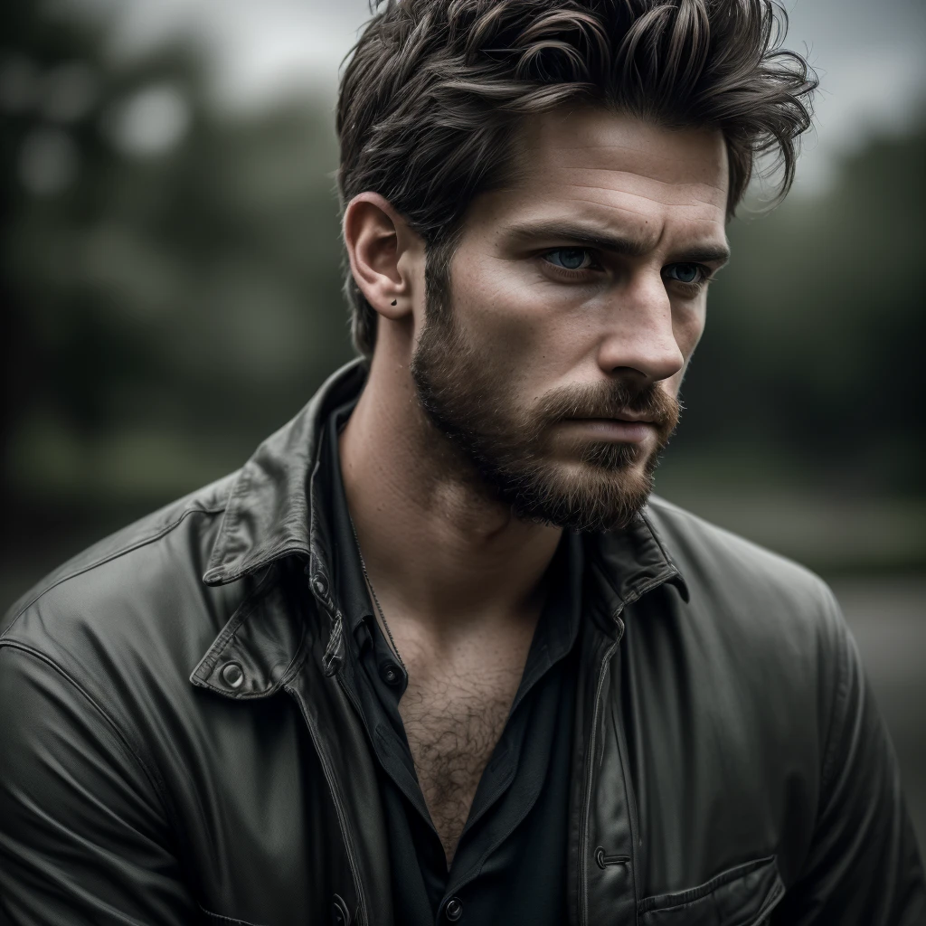 (best quality,4k,8k,highres,masterpiece:1.2),ultra-detailed,(realistic,photorealistic,photo-realistic:1.37),portrait,portrait photography,beautiful city park,handsome 27 year old man,homeless man,dirty torn blouse,staring at camera,cinematic lighting,dramatic lighting,moody lighting,melancholy,somber,pensive expression