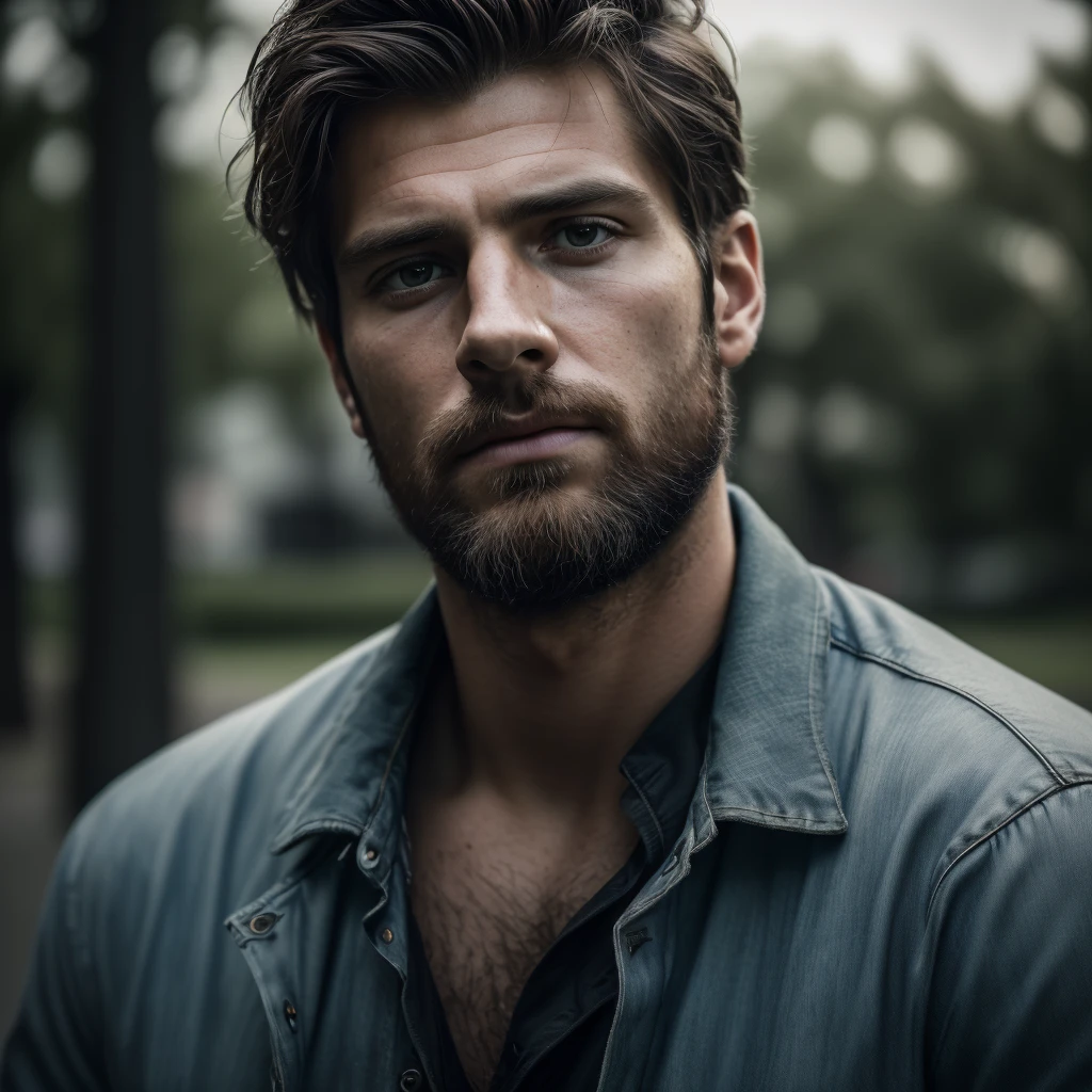 (best quality,4k,8k,highres,masterpiece:1.2),ultra-detailed,(realistic,photorealistic,photo-realistic:1.37),portrait,portrait photography,beautiful city park,handsome 27 year old man,homeless man,dirty torn blouse,staring at camera,cinematic lighting,dramatic lighting,moody lighting,melancholy,somber,pensive expression