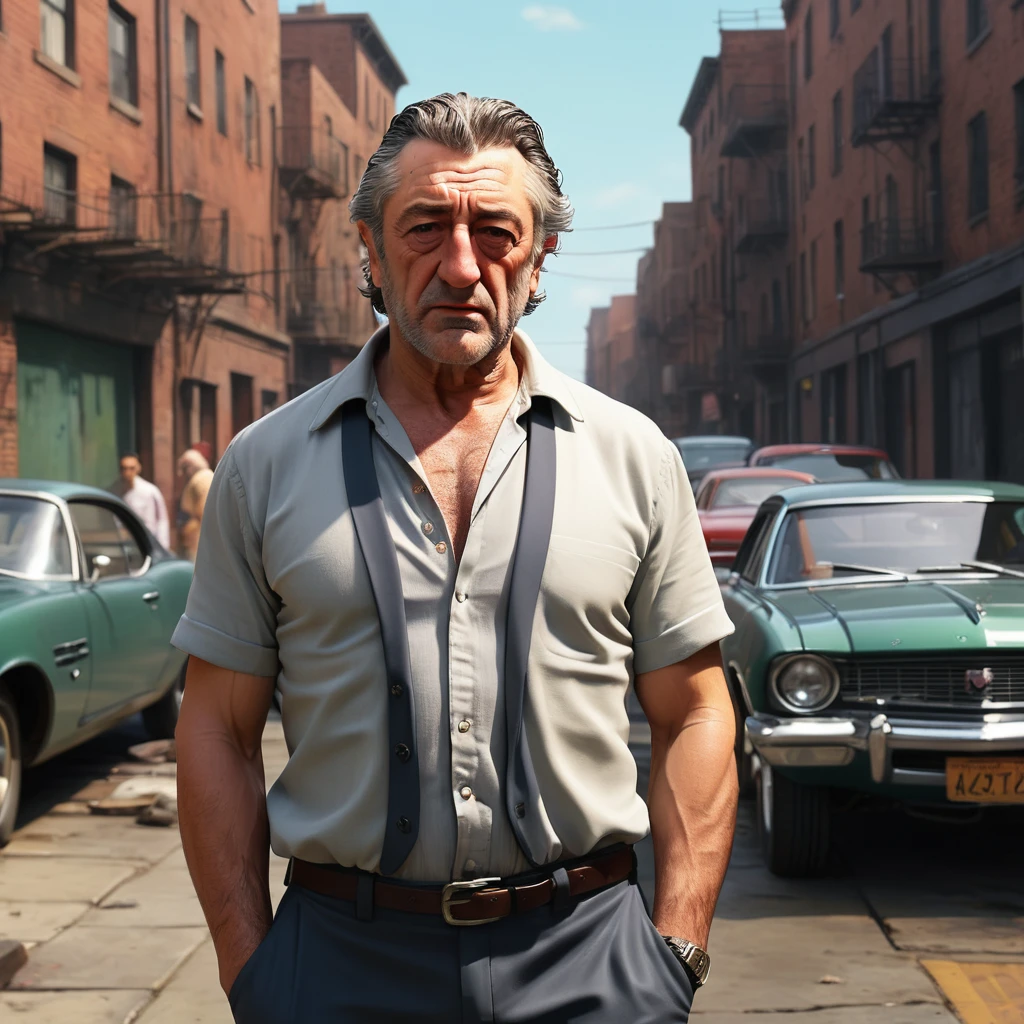 Regeneration Art, Masterpiece Octane renders sexy masculinity [Basque|The digital age] (Guy:1.2) , Robert De Niro&#39;s face, Robert De Niro wearing a Harrington jacket, Harrington jacket color is brown, There is a decoration of the Great Wall of China on it, Baldness, Detailed electric purple background, At sunrise, Visual novel, Full of hope, Warm lighting, Low shutter, Participate in a project，Background of the Great Wall of China