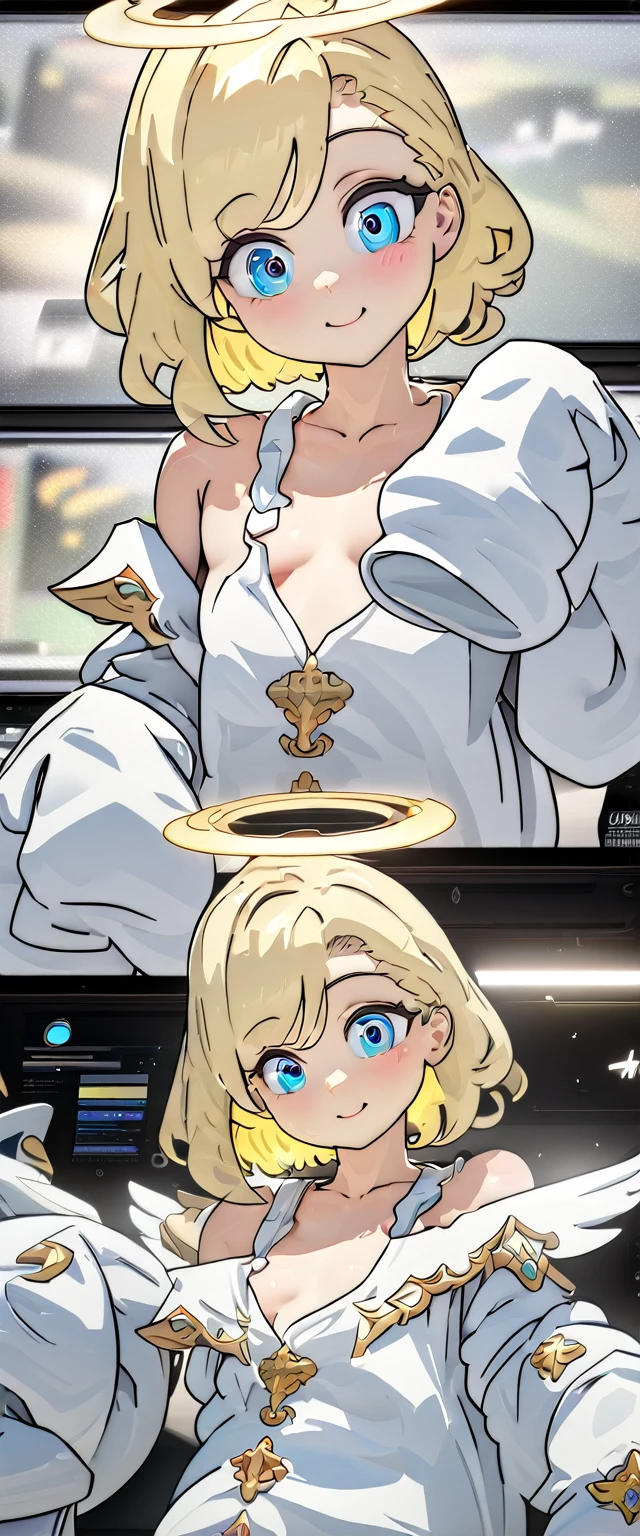 ((Angel, Big white wings:1.3, Halo:1.3)), (((Cowboy shooting))), ((flight)), archAngel Uriel, ((curls, Outward Curled Hair)), night, Sunset, ((blond, Bob Cut:1.3)), breast, ager, (Looking at the audience), Oversized clothes, Puffy long sleeves, clavicle, ((White Off Shoulder Dress:1.3, Thick shoulder straps)), (((Sleeves over wrists:1.3))), ((White Dress)), clavicle, Head tilt:1.3, (((blue eyes))), ((a happy expression)), (((Anime style))), (best quality, 4K, 8K, high resolution, masterpiece:1.2, Extremely detailed, Extremely detailed eyes, Human Development Report, Ultra HD, Studio Lighting, Super Fine, Clear focus, Physically Based Rendering, Extremely detailed的描述, professional, Bright colors, Bokeh), ((best quality, Best image quality, 超high resolution, 超high resolution, Solitary, Intense eye highlights)), Writing border depth, Natural soft lighting, attractive, Pretty Face, Cleanliness, Pure complexion, Medium chest, Pretty Face, Perfect fingers, Perfect hands, Perfect body, Perfect face, Illuminate your eyes, Perfect anatomical structure