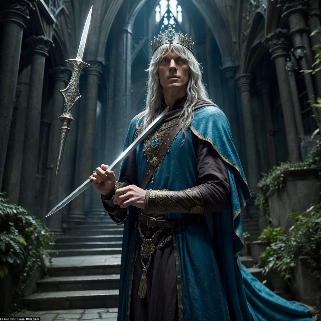 ((Merlin the Wizzard)) epic character from the movie king arthur, in a very magical cinematographic scene raising the sword of escalibud very realistic and perfect image