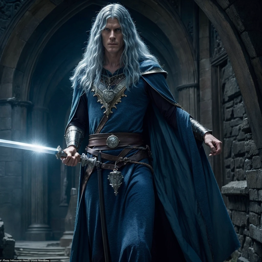 ((Merlin the Wizzard)) epic character from the movie king arthur, in a very magical cinematographic scene raising the sword of escalibud very realistic and perfect image