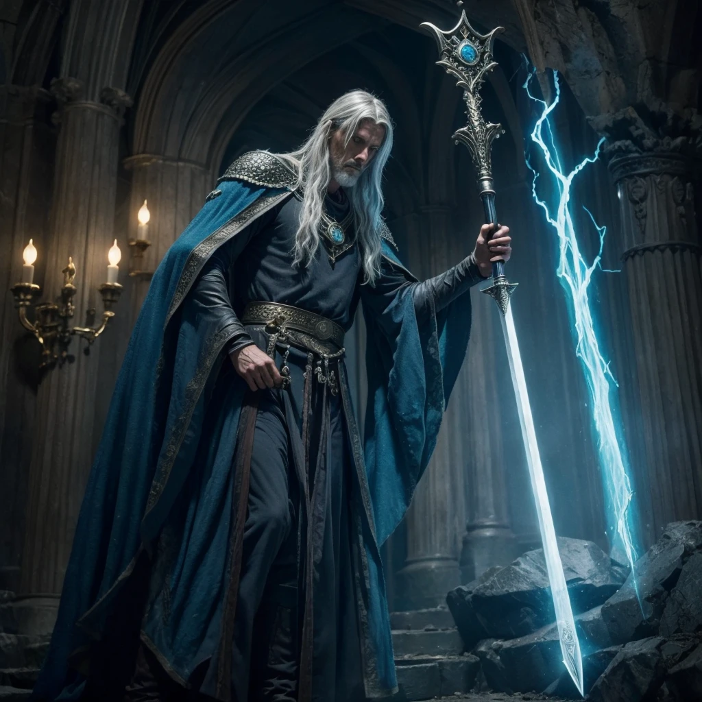 ((Merlin the Wizzard)) epic character from the movie king arthur, in a very magical cinematographic scene raising the sword of escalibud very realistic and perfect image 