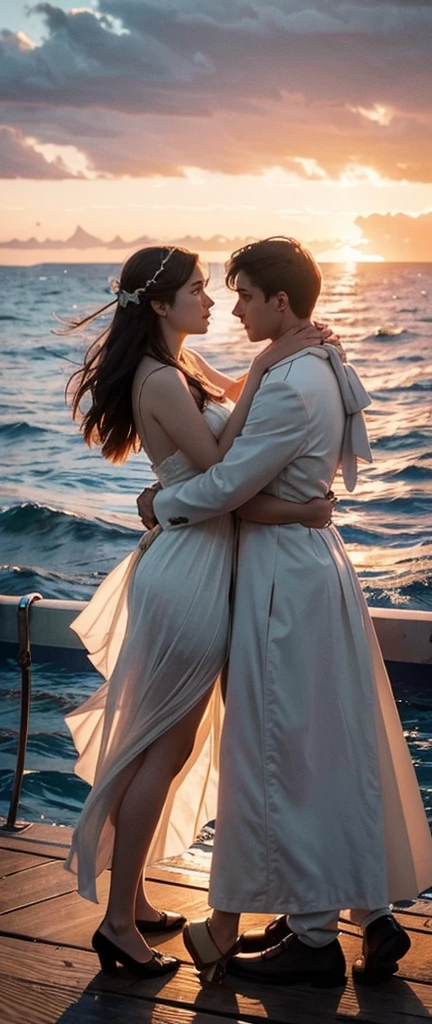 Prompt Title: The Fateful Story of Titanic Scene 2: Romantic Moment
Setting: The bow of the ship at sunset.
Characters: Jack and Rose standing at the ship's bow, arms outstretched, feeling the wind.
Background: Beautiful sunset over the ocean.