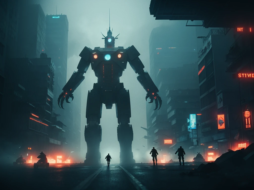 A giant robot, massive attacking kaiju, soldiers, cinematic, IMAX quality, mecha, science fiction, cyberpunk, futuristic city, dramatic lighting, dynamic composition, detailed mechanical design, gritty industrial aesthetic, powerful energy effects, volumetric fog, cinematic camera angles, awe-inspiring scale, epic battle, heroic pose, heightened contrast, cinematic color grading