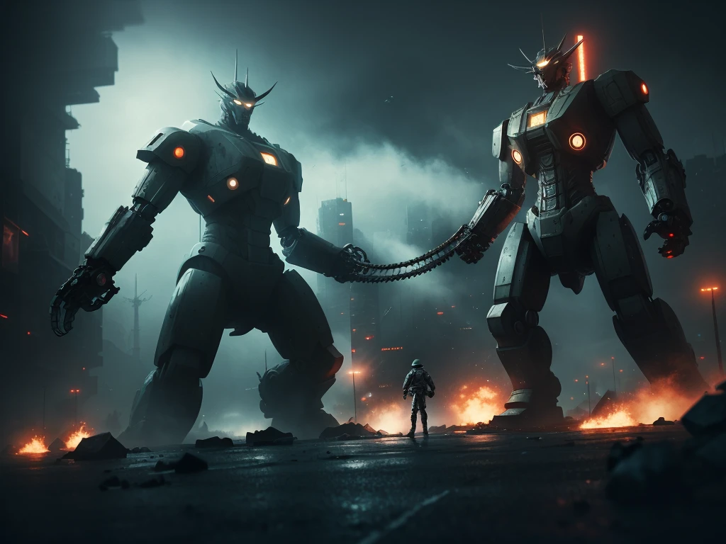 A giant robot, massive attacking kaiju, soldiers, cinematic, IMAX quality, mecha, science fiction, cyberpunk, futuristic city, dramatic lighting, dynamic composition, detailed mechanical design, gritty industrial aesthetic, powerful energy effects, volumetric fog, cinematic camera angles, awe-inspiring scale, epic battle, heroic pose, heightened contrast, cinematic color grading