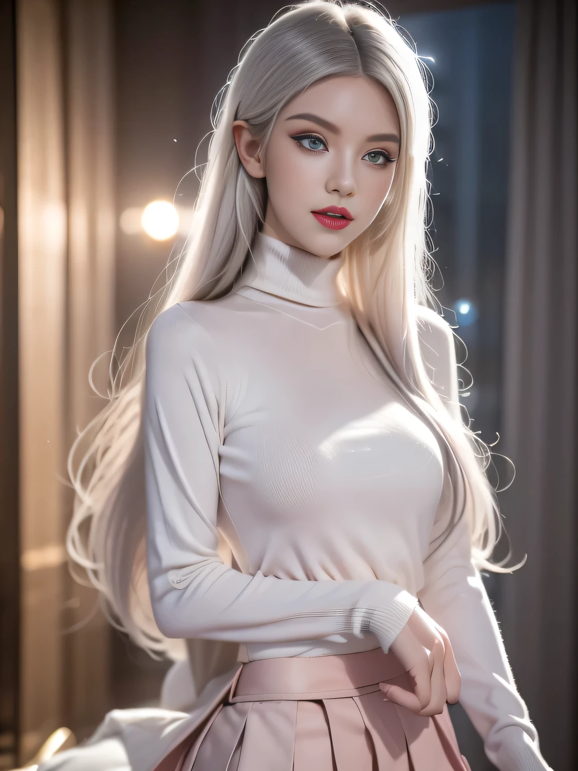 ((Full body portrait))1 Girl, (Solitary), Anime girl with white hair and red eyes, White hair girl, girl in white turtleneck sweater, ((Eye)),((Pink Eyeshadow)),((White pleated skirt)) Pointed ears, ((vampire)), giggle, smug, Shut up, Cowboy shooting, Perfect white-haired girl, White-haired deity, Digital Cyberpunk Anime Art, turtleneck sweater, lens flare, ((Dramatic Lighting)), Soft and shiny red Eye, Extremely detailed, masterpiece, Looking at the audience, City background, (night)