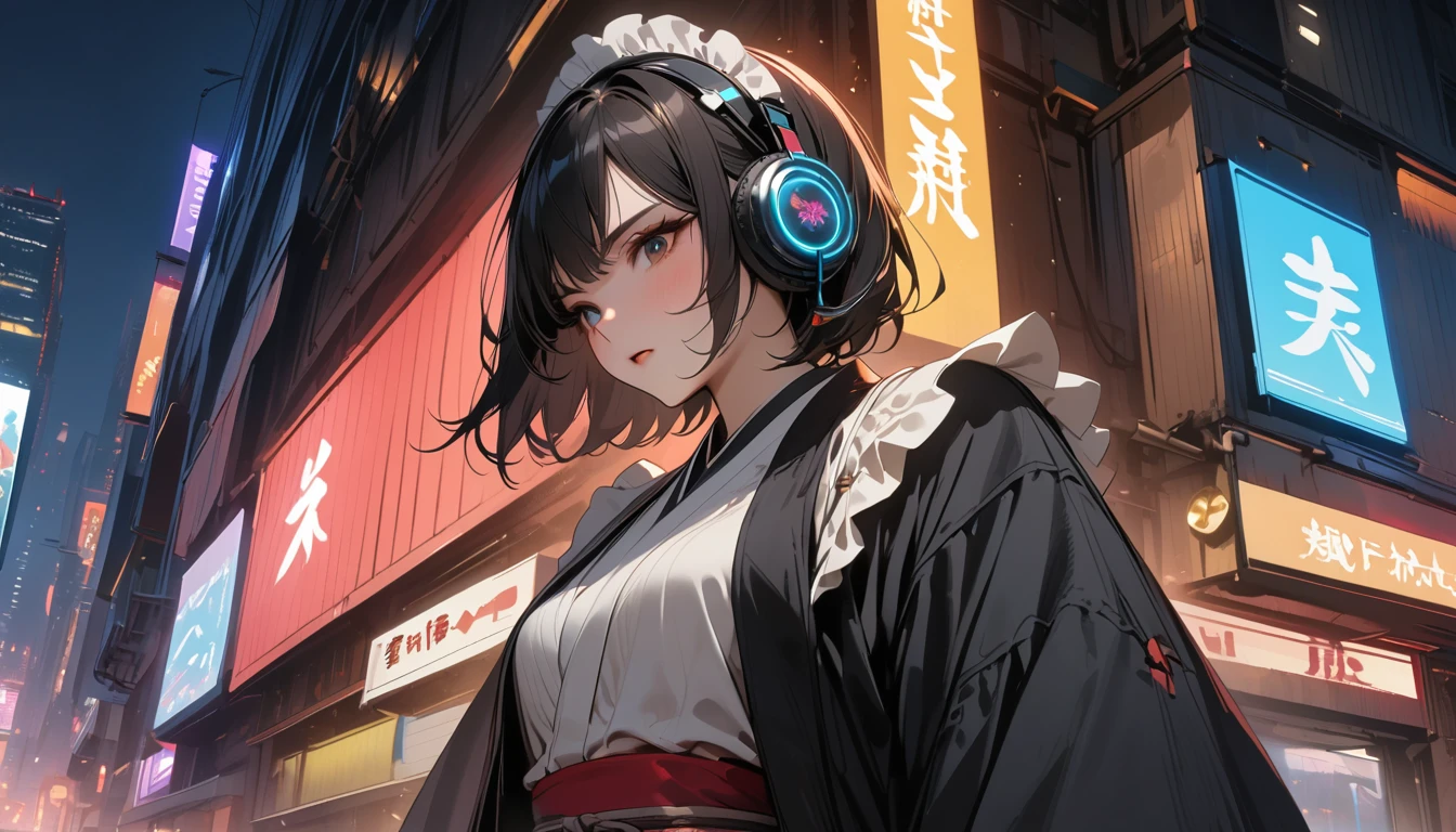 (((8K, Masterpiece, high resolution, highest quality, highest quality real texture skin))), ((wearing Japanese pattern headphones)), (((1 girl))), (((kimono))), (((Holding a Japan sword with both hands))), (((Cyberpunk City at Night))), ((sunglasses)), (((Maid))), (Black shiny hair, beige skin)