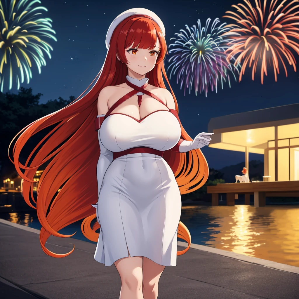 A woman wearing luxury white dress, wearing white fur cape, orange eyes, red auburn hair, long hair, smiling, white glove, exposed shoulder, big breasts, white heels, standing posture, walking on a concrete platform near a lake, place at night, modern building in the background with fireworks in the sky. UHD , prime work , accurate , anatomically correct , textured skin , super details , high quality , best quality, 8k, high resolution, bokeh effect. (woman alone), close view.
