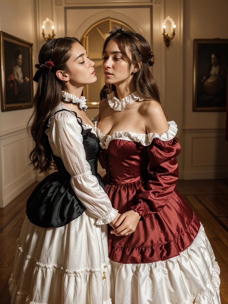 highest quality, masterpiece, Highest Resolution, artwork, super それにGet used to it, many Get used to it, Get used to it, それにGet used to it,, woman,cute womans,(()),((All 25 year old woman)),woman are princesses,Everybody has a tiara on their head,((Everything has volume,She is wearing a red Victorian ball gown dress and a full-length hoop skirt。)),The dress is round and puffy,(Ruffled long sleeves),((A long dress that reaches the floor)),A dress with lots of frills and ribbons..,((Frilled yoke collar)),luxury,Inside the palace,Soft and smooth silk satin dress,They're kissing.,Lesbian,one woman Kissing the neck of the other