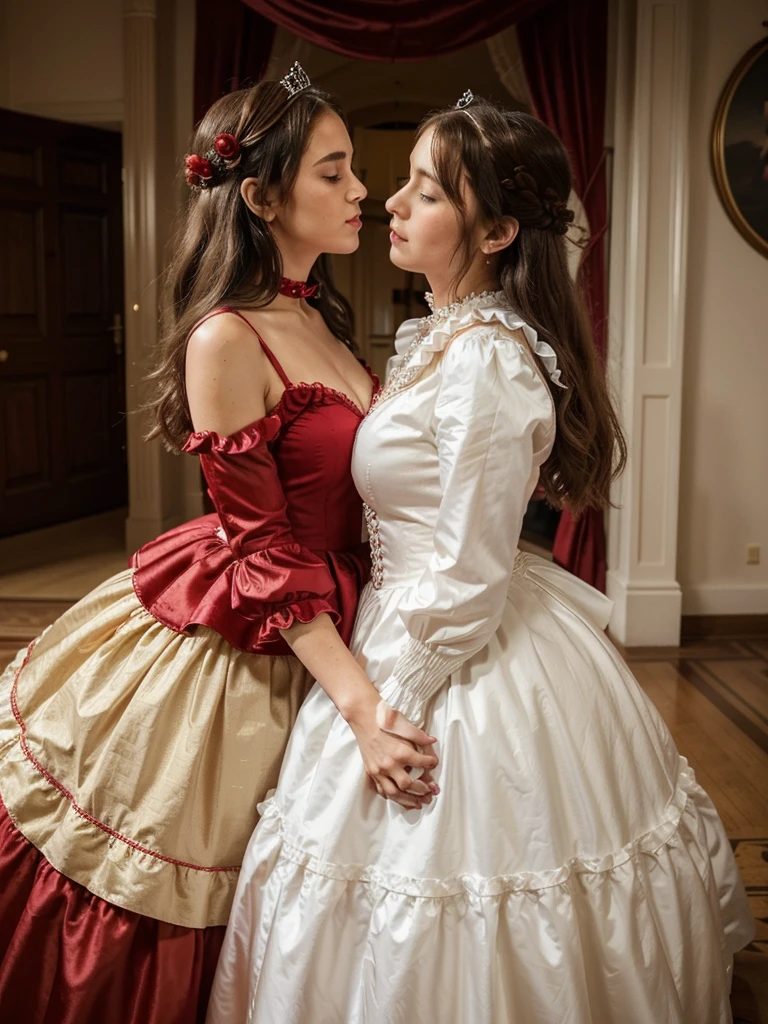 highest quality, masterpiece, Highest Resolution, artwork, super それにGet used to it, many Get used to it, Get used to it, それにGet used to it,, woman,cute womans,(()),((All 25 year old woman)),woman are princesses,Everybody has a tiara on their head,((Everything has volume,She is wearing a pink Victorian ball gown dress and a full-length hoop skirt。)),The dress is round and puffy,(Ruffled long sleeves),((A long dress that reaches the floor)),A dress with lots of frills and ribbons..,((Frilled yoke collar)),luxury,Inside the palace,Soft and smooth silk satin dress,They're kissing.,Lesbian,one woman Kissing the neck of the other