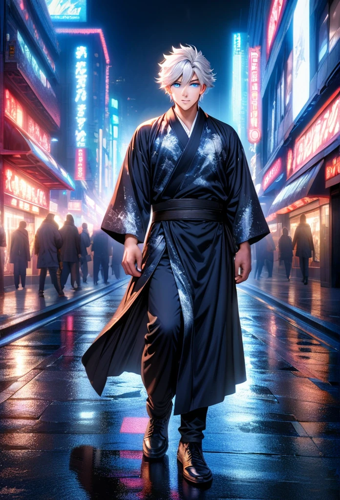 a 21 year old young man with a dashing and handsome face, blue eyes, curly white hair, wearing a black kimono, standing in the middle of the city, with effects, realistic lighting, HDR, 4K.