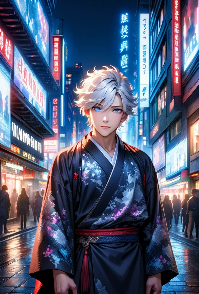 a 21 year old young man with a dashing and handsome face, blue eyes, curly white hair, wearing a black kimono, standing in the middle of the city, with effects, realistic lighting, HDR, 4K.