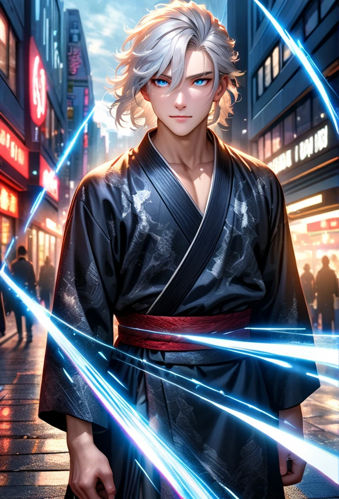 a 21 year old young man with a dashing and handsome face, blue eyes, curly white hair, wearing a black kimono, standing in the middle of the city, with effects, realistic lighting, HDR, 4K.