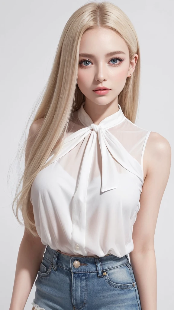 (((Blonde、forehead、Long hair、White background、Vest、Russia、Northern Europe)))、masterpiece, best quality, 8K,, 20th Generation, (Large Breasts:1.2), The background is white, Lovely, Solitary, sad, closure, Lovely, Girlish feeling, delicate girl, Pure beauty, original photo, Professional photography, image, Soft Light, Professional lighting, Backlight, Upper Body, complicated, Film Grain, (Eyes and facial details:1.0) , beautiful, Flowing hair, Silk top,
