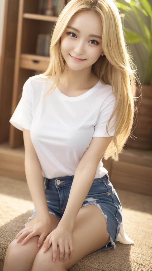 Highest quality、Precise beauty、Beautiful long hair woman、The most beautiful woman in the world、Beautiful and sharp face、21 years old、Smooth hair that looks blonde、Golden Hair、Blonde Hair、ロングヘアーVery detailed顔、Cute Smile、Big eyes、Small face、Ample breasts、T-Shirts、High resolution、8k wallpaper、The gesture of pulling up the hair、Very detailed、masterpiece、Very bright photo、One woman、Shorts、Beautiful legs