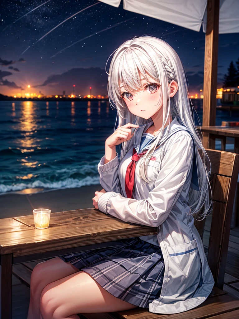 School girl, white hair, cute hair, Sitting outside the cabin, beach and city in the background, diffuse lights, night