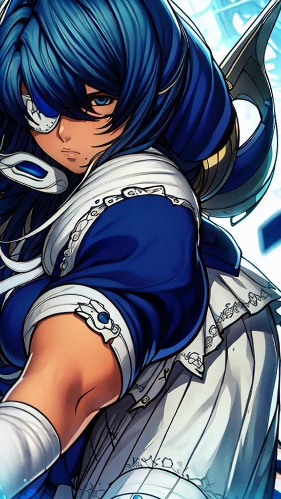 High detailed, 1 girl, sigui, sigui's hairstyle aegean-blue colored hair, detailed Cyan eye, eyepatch, busty, huge And round buson, Orange sattela's clothes, sattela's Long skirt, violent face, serious face, eyepatch, eyepatch, eyepatch, looking to the viewer, facing the viewer