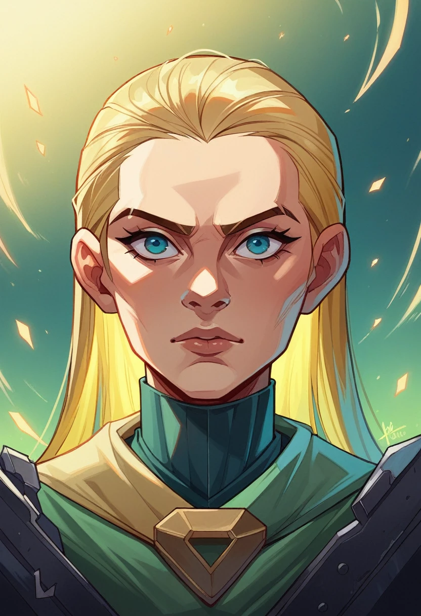 A striking, surreal portrait of a woman with cascading blonde hair, her intense gaze fixed on an unseen point to her left. Her attire, a daring fusion of dark fragments or shards, contrasts sharply with her golden tresses. A swirling, vibrant backdrop of white, blue, and gray conveys a sense of perpetual motion and energy. The image exudes a palpable intensity and dynamic atmosphere, capturing the viewer's attention with its daring aesthetic.