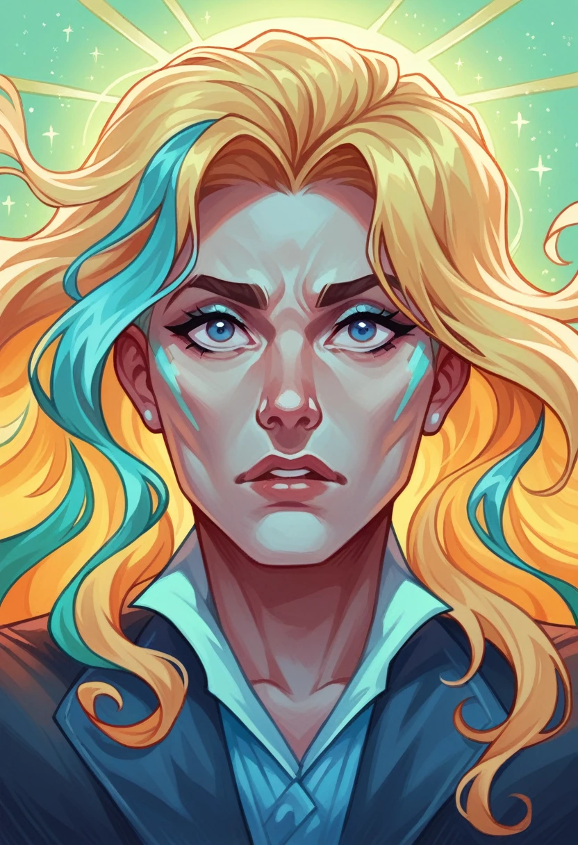 A striking, surreal portrait of a woman with cascading blonde hair, her intense gaze fixed on an unseen point to her left. Her attire, a daring fusion of dark fragments or shards, contrasts sharply with her golden tresses. A swirling, vibrant backdrop of white, blue, and gray conveys a sense of perpetual motion and energy. The image exudes a palpable intensity and dynamic atmosphere, capturing the viewer's attention with its daring aesthetic.