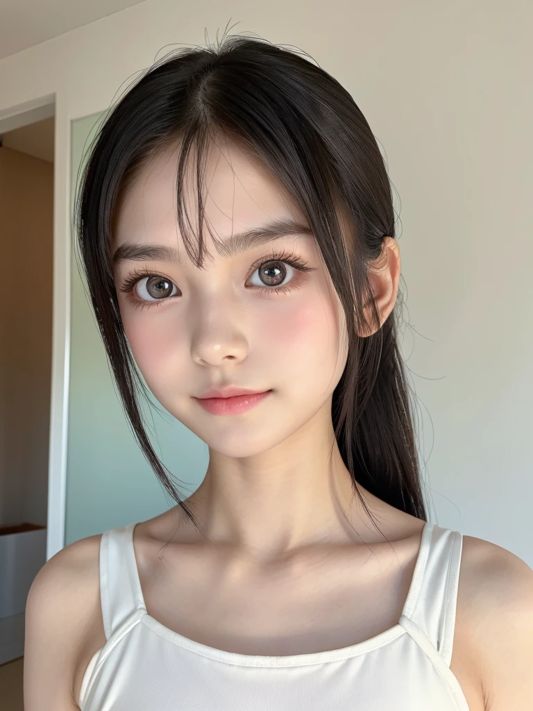 One Girl，Very cute girl ***************，Big eyes:0.5，The face is facing straight ahead，Body facing forward，Beautiful nose，Fuller lips，Short black hair，ponytail，Detailed eyelashes，Thin eyebrows，Symmetrical eyes，Face close-up，White swimsuit，Portrait，View Viewer