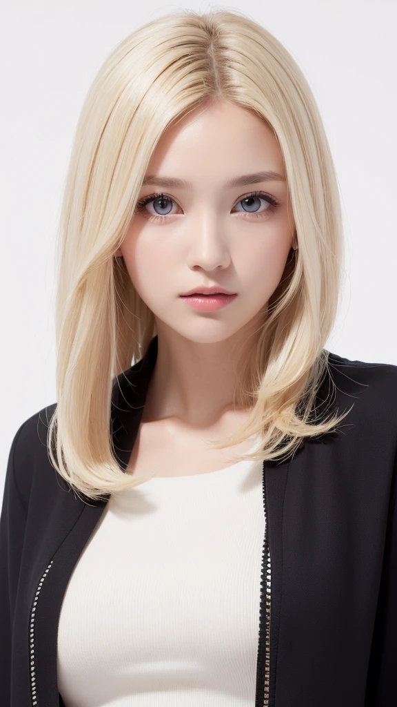 (((forehead、White Blonde Hair、Northern Europe、White people、beautiful girl、Blonde、White background、open jacket、lender )))、table top, highest quality, figure, super detailed, finely, High resolution, 8k wallpaper, Perfect dynamic composition, detailed and beautiful eyes, Deco out,bionde, medium hair, big breasts, Natural color lip,white background, random cute poses,frill dress