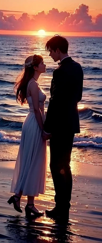 Prompt Title: The Fateful Story of Titanic Scene 2: Romantic Moment
Setting: The bow of the ship at sunset.
Characters: Jack and Rose standing at the ship's bow, arms outstretched, feeling the wind.
Background: Beautiful sunset over the ocean.