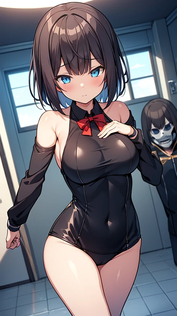 (Highly detailed CG Unity 32k wallpaper,masterpiece, Biological, whole body),(Best lighting, Best Shadow, Very delicate and beautiful),(High School Girl and Unidentified Creatures),blue eyes, Big Breasts,Bouncing chest, Black Hair,Bobcut,Red and black and White off-the-shoulder revealing high-cut SF bodysuit,One-piece swimsuit-style clothing,Clothes that emphasize the chest,Neck Seal,High-tech sci-fi corridor, Dynamic pose, Detailed Machinery, Sleek design.,My crotch is wet, {{The unidentified creature had no reproductive organs, so it preyed on the high school girls on the spaceship and disguised itself as a woman.、High school girls are candidates, The unidentified creature looks like a high school girl grown into an adult}}, Next to, The high school girl became a skeleton, Unknown sensation, Feels good, Vigorous movement, more, instinct, Female fall, Bouncing chest, loose, loose, Next to a real girl skeleton, locker room, NSFW