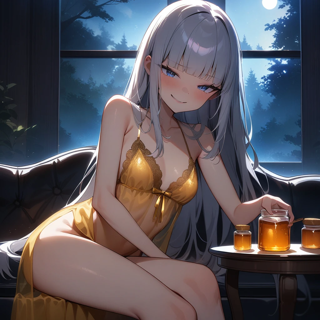 (masterpiece),(best quality),very aesthetic,(ultra-detailed),(illustration),(degenerate),nsfw,1girl,,slender,long hair,silver hair,straight hair,(blunt bangs),dark blue alluring eyes,comfortable,smirk,toroga,naughty face,(fusion of golden honey and elegant negligee,Clothes with a see-through texture),bare legs,honey,Honey Dipper,Jar of honey,looking at jar of honey,ecstasy,happy,inroom,couch,reclining,on couch,night sky,Lascivious atmosphere,fantasic atmosphere,moonlight,Moonlight through the window,forest landscape,backlighting,(darkness room),Lace curtains flutter in the wind,Old furnishings,dusty room,cowboy shot