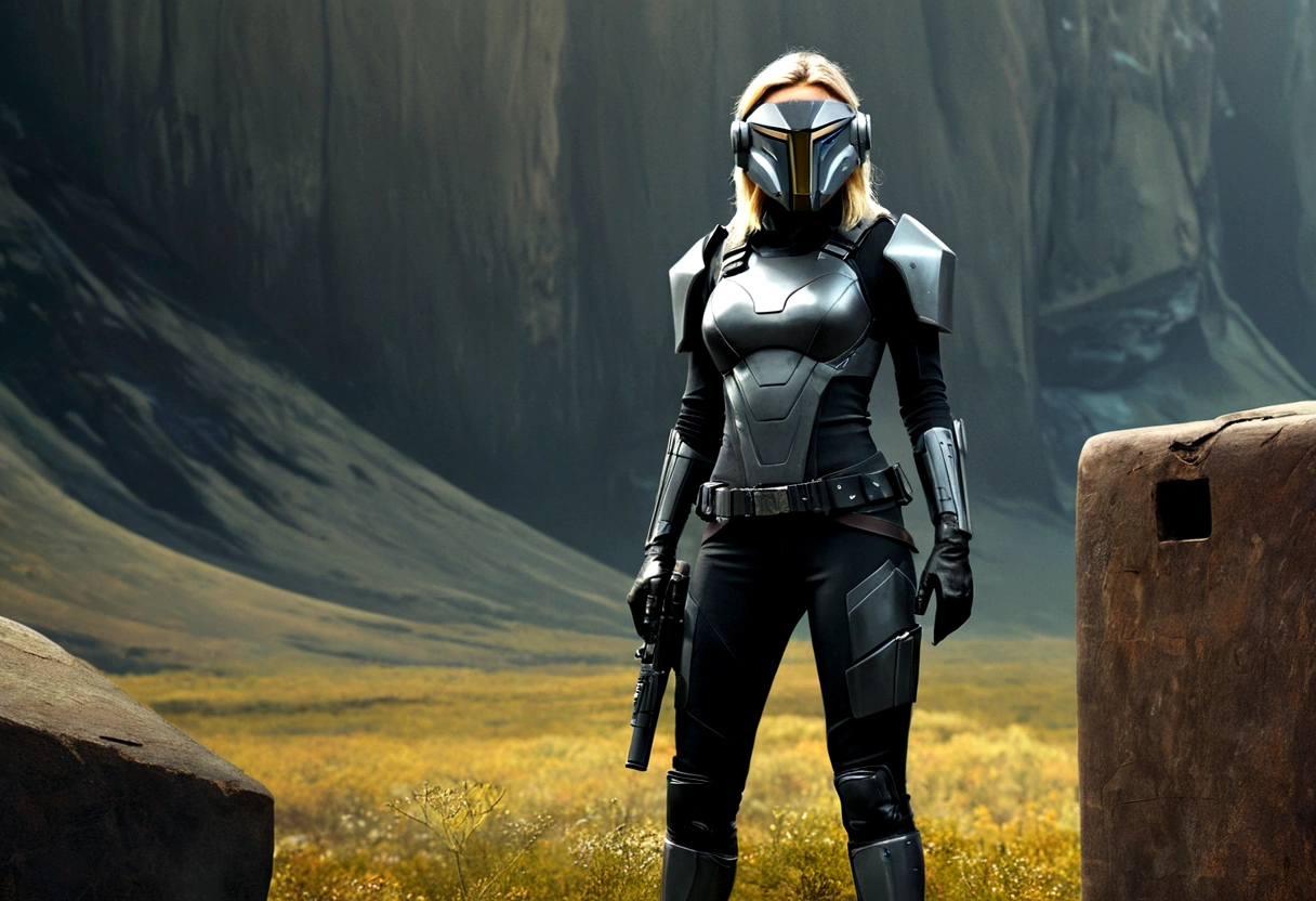 A charismatic woman [Gunner: Bounty Hunter: 0.4] standing in the middle of a sci-fi wilderness (cube style: 1) Full body, mask
