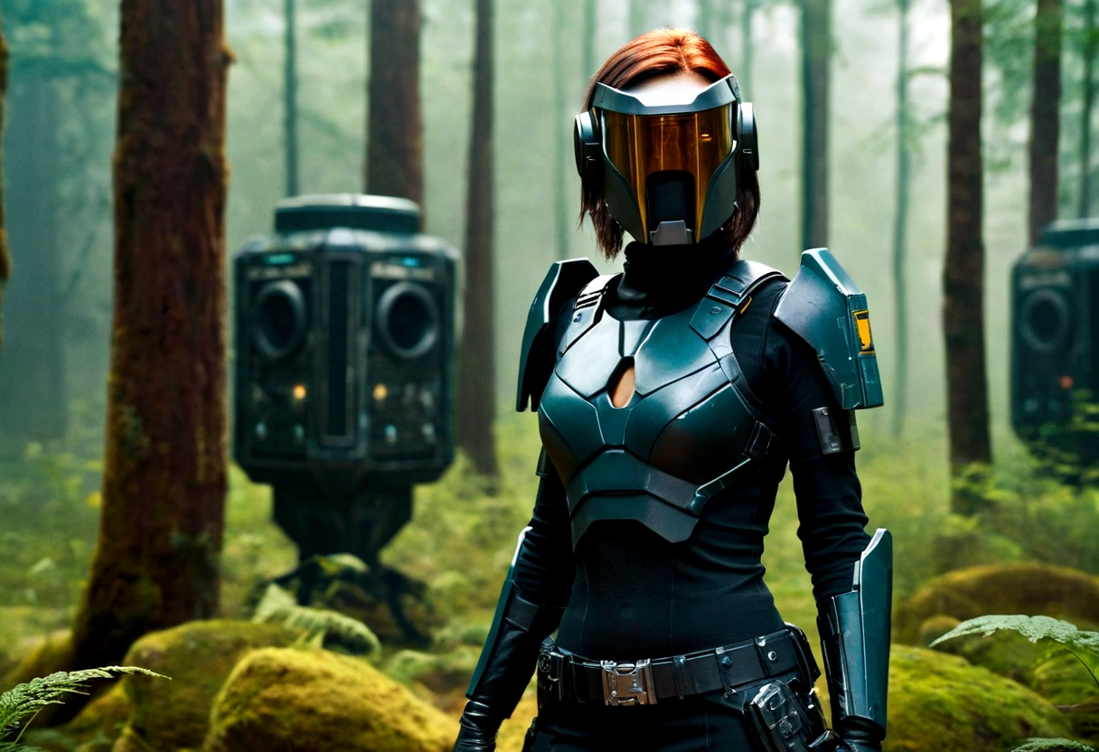 A charismatic woman [Gunner: Bounty Hunter: 0.4] standing in the middle of a sci-fi wilderness (cube style: 1) Full body, mask