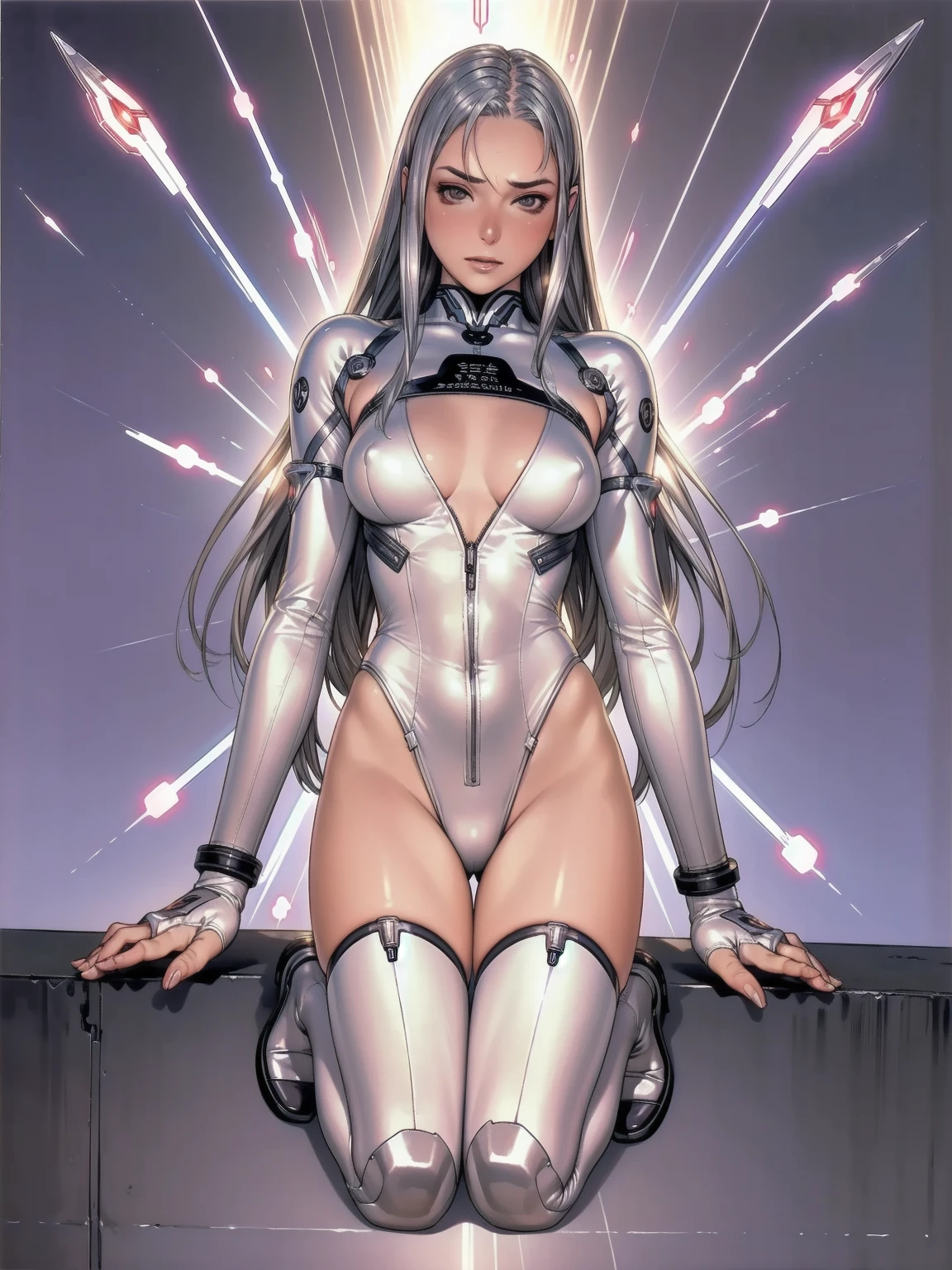 (((witchblade))), ((best qualityer)), (((clothes 100% silver))), (((slim))), (Muscles), (((silver suit))), ((Perfect masterpiece)), (detailded: 1.4), (absurdrez), (((long straight hair with modern cut))), (((full body fitness, neckline showing part of the breasts)), (((woman with long cropped hair, blushful))), 21 year old woman, beautiful sexy woman, giant robot pilot, wild with perfect corpo fitness, wearing small battle clothes, tiny thong, Hajime Sorayama style for a science fiction book cover, Metallic clothing, stainless steel, polished metal shine, futuristic pattern, Silver, extremely sexy