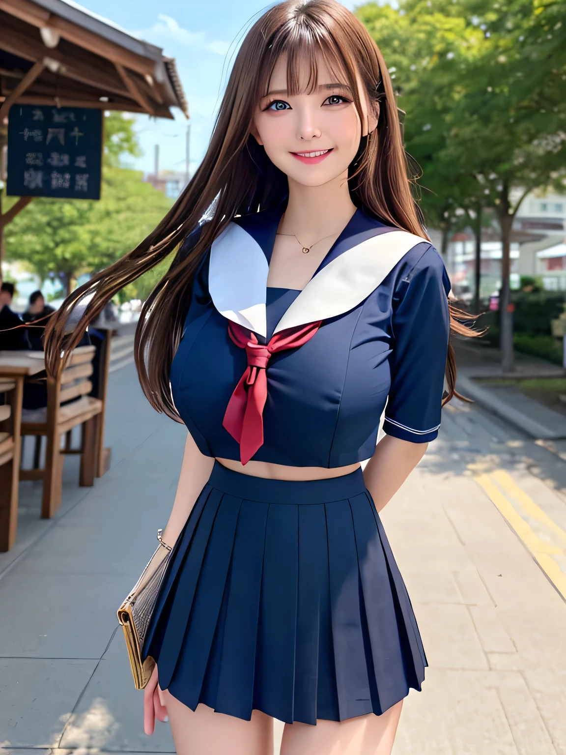 100 Girls,Crowded, Long Hair, Brown Hair, sexly, A row of girls, Girls standing in alignment, Girls only, Sisters, ((uniform、Sailor suit、Dark blue mini skirt)),Full body photo:1.9, adorable, smile, ((Slim face, Slim body)), Short Brown Hair, 32k, masterpiece, Best image quality,Ultra-high resolution,Perfect hands,Black Choker、blue eyes、bangs、Very numerous and very long eyelashes, Lots of girls、 Dependents, Fully booked, Big Breasts、Beautiful girls in uniform、Big Breasts、huge breast bulge、Alignment、Stand up straight、market、blue sky、Morning