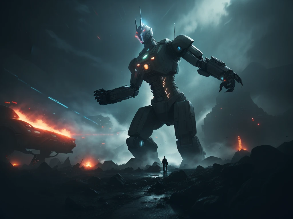 A giant robot, massive attacking kaiju, soldiers, cinematic, IMAX quality, mecha, science fiction, cyberpunk, futuristic city, dramatic lighting, dynamic composition, detailed mechanical design, gritty industrial aesthetic, powerful energy effects, volumetric fog, cinematic camera angles, awe-inspiring scale, epic battle, heroic pose, heightened contrast, cinematic color grading