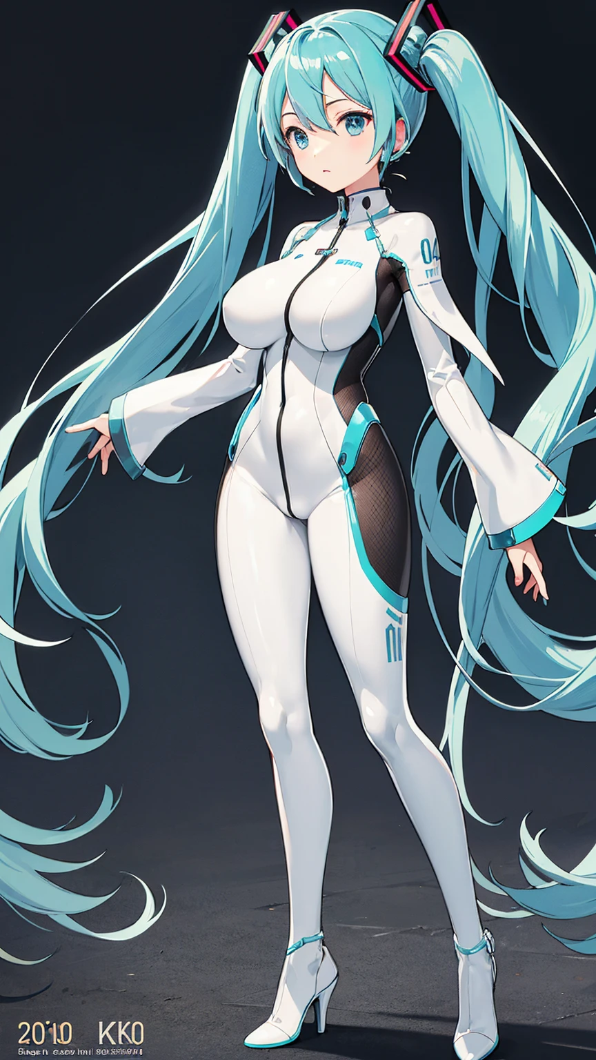 Hatsune Miku is wearing a plug suit、Big Breasts、Latex bodysuit、The plug suit is white and light blue.、High heels、The background is ruins、high resolution、2010s anime style、8K CG