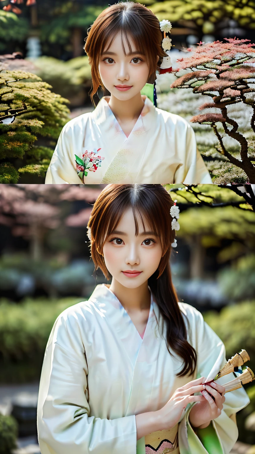 (((Regular dressing:1.5))),(Surreal), (High resolution), (8K), (Very detailed), (Best illustrations), (Beautifully detailed and sparkling eyes), (Highest quality), (Very detailedな), (masterpiece), (wallpaper), (Detailed face), (Beautiful smile)、(Beautiful expression)、(((((One female:1.2)))))、Looking into the camera、((Glamorous Body))、(((Japanese、Reality、Sexy gestures、Kenrokuen Garden、Japanese garden、Beautiful kimono with a white base、National treasure-class kimono,Thick kimono:1.5)))