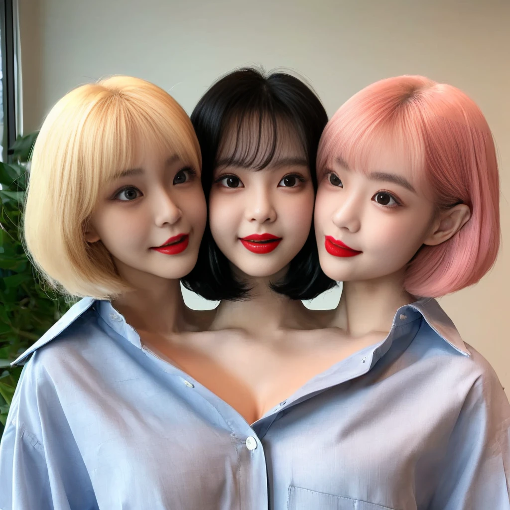 2heads, best resolution, korean woman with three heads, button shirt, smiling, red lipstick, different faces