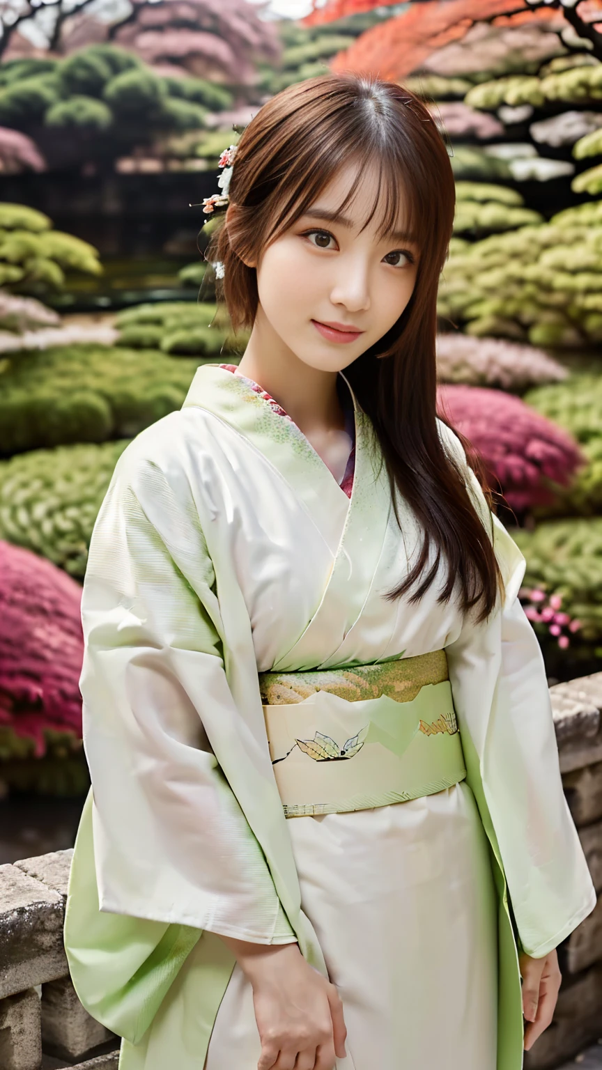 (((Regular dressing:1.5))),(Surreal), (High resolution), (8K), (Very detailed), (Best illustrations), (Beautifully detailed and sparkling eyes), (Highest quality), (Very detailedな), (masterpiece), (wallpaper), (Detailed face), (Beautiful smile)、(Beautiful expression)、(((((One female:1.2)))))、Looking into the camera、((Glamorous Body))、(((Japanese、Reality、Sexy gestures、Kenrokuen Garden、Japanese garden、Beautiful kimono with a white base、National treasure-class kimono,Thick kimono:1.5)))