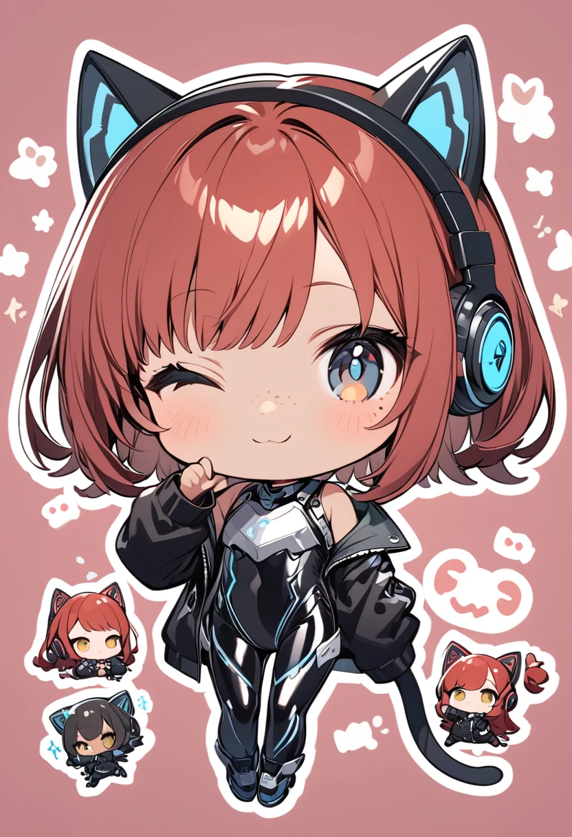 full body,1 girl,(cute:1.3),red Hair, left eye blue, right eye yellow, tan skin, freckles,｛White breastplate, Black futuristic cat ear headphones, Mechanical black glossy metallic Bodysuit, Bare shoulders, oversized jacket, futuristic cat tail, Glossy, shiny material,chibi emote, chibi character, cute pose
