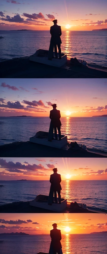 Prompt Title: The Fateful Story of Titanic Scene 2: Romantic Moment
Setting: The bow of the ship at sunset.
Characters: Jack and Rose standing at the ship's bow, arms outstretched, feeling the wind.
Background: Beautiful sunset over the ocean.
