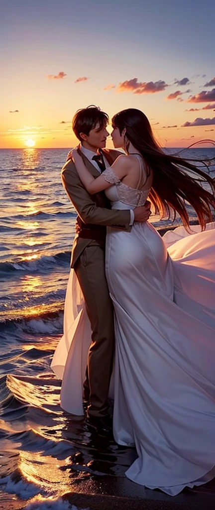 Prompt Title: The Fateful Story of Titanic Scene 2: Romantic Moment
Setting: The bow of the ship at sunset.
Characters: Jack and Rose standing at the ship's bow, arms outstretched, feeling the wind.
Background: Beautiful sunset over the ocean.