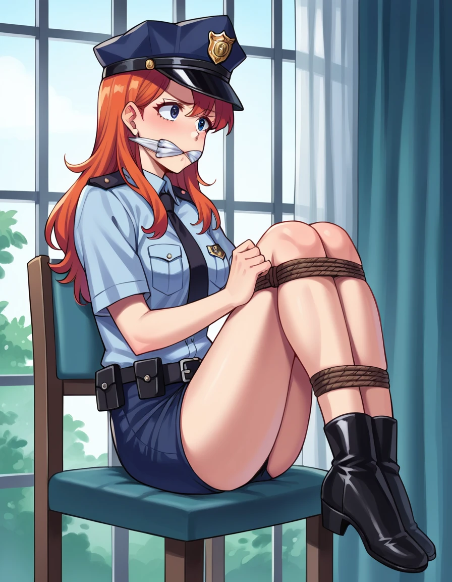 There is a woman in a police uniform, official, police official, (Yoshida Yuuko), sad police, Attire: cop, redhead woman, yoshida yuuko wearing a police uniform, high resolution commission, sheriff woman, Lois van Baarle y Rossdraws, bottomless, leotard blue, bare legs, sitting on a chair, (((his hands are behind his body)),((The whole body is tightly bound.)) in jail, tapegag,