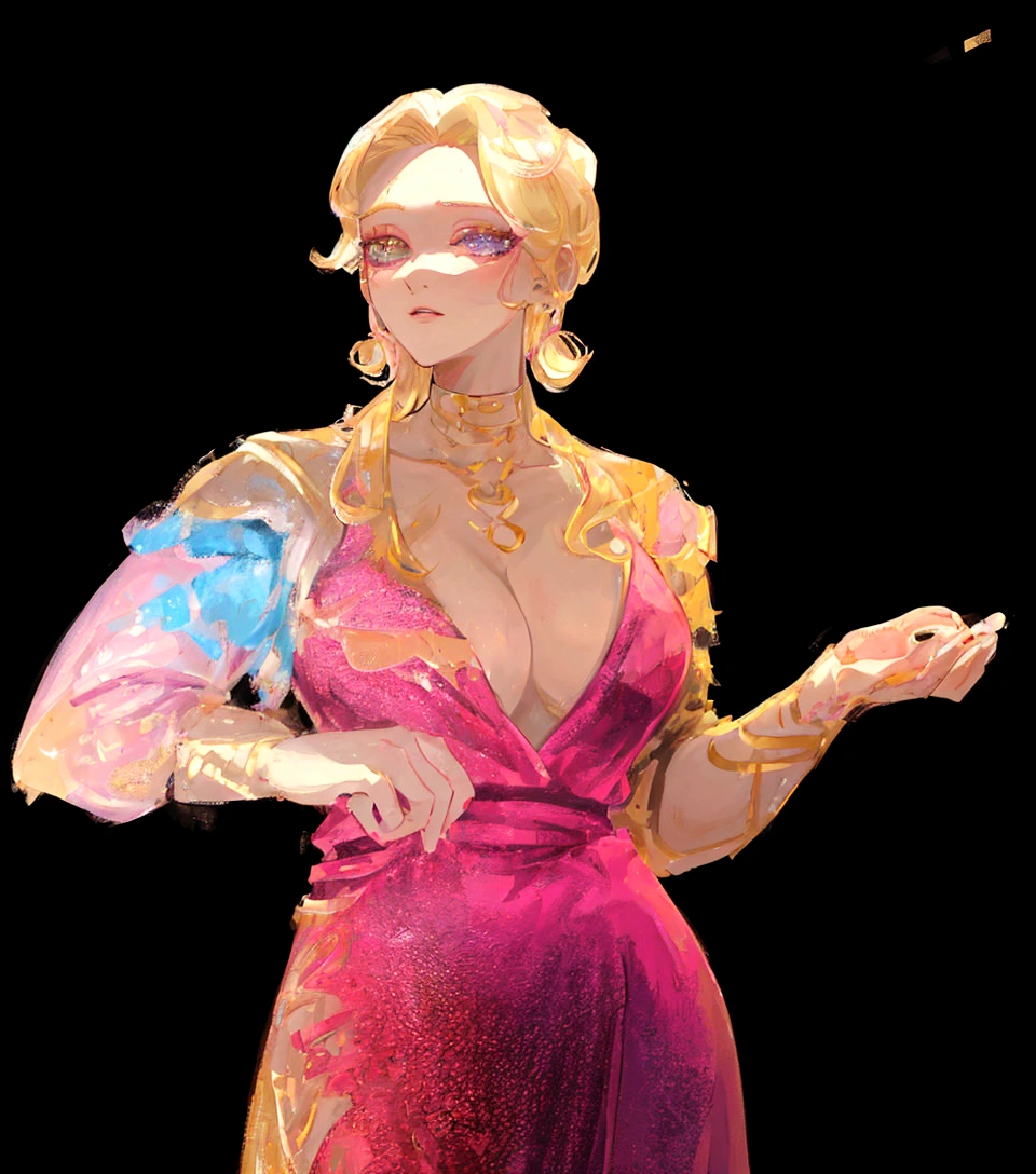 The image depicts a woman with blonde hair, wearing a vibrant pink dress with gold accents. She has a confident pose, standing with her hands on her hips and her head slightly tilted to the side. Her makeup is done in shades of pink and purple, complementing her attire. The background is black, which contrasts with her colorful outfit and highlights her as the main subject of the image.