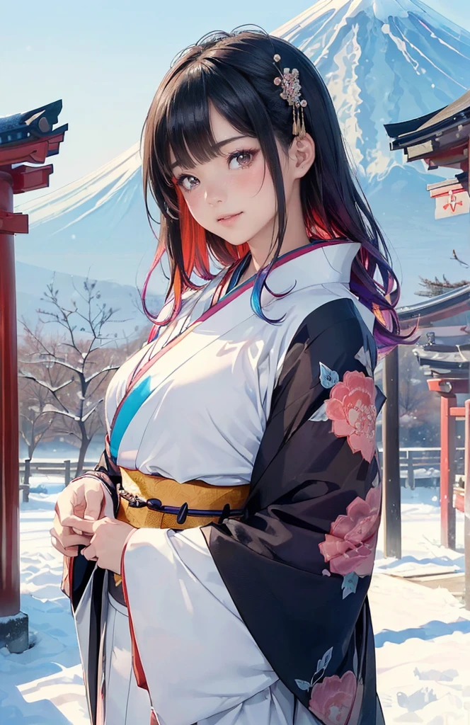 (The image shows only the upper body:1.7),
((8K, RAW Photos, Highest quality, masterpiece), High-resolution RAW color photos、
Professional close-up photography, (Realistic, フォトrealism: 1.37),
(Highest quality), (Best Shadow), (Best illustrations),
High-quality images、Skin Radiance、Texture of skin and clothing、
Expression of fine eyes、Shiny Hair,Long Hair Girl, Manga inspired by Lee Jong-suk,
Trending on deviantart, realism, detailed manga style, Manga art style,
Perfect Line Drawing, Beautiful line art, digital manga art girl, K-POPアイドル, dress,
Beautiful brown eyes, Fuller lips, Gorgeous face with attention to detail,
(Cute Smile), attractive, Innocent, (Perfectly detailed face),
(Detailed and carefully drawn hand) Photorealistic images, Written boundary depth,
Japanese style princess cut hairstyle,
best quality, masterpiece, New Year,
((Kimono with strikingly beautiful colorful colors:1.7)),
Three Japanese high-school cute girls, ((looking straight)),
gently smiling,
((upper arms hidden by clothes and hair)),
(innocent and pure high-school-girls:1.7)
((white short scarf)), ((white feather shawl)),
(separately side by side:1.4),
shrine background, (mount Fuji:1.3), ((snow))
winter(season), (outdoors:1.5)