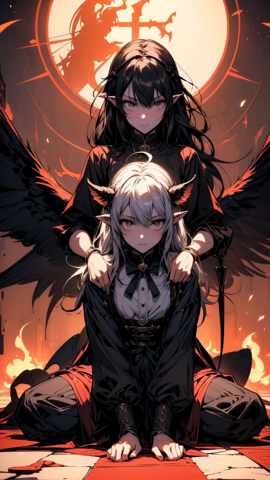 Two anime girls with angel wings and demons on their heads, Sirius A and Sirius B, ( ( ( yoh yoshinari ) ) ), Two Angels, Gap Moe Yandere Grimdark, Demons vs. Angels, Lalafell, From desire, Satanic! Competitionium!, Neferpitou, ❤🔥🍄🌪, Monochrome artwork!!