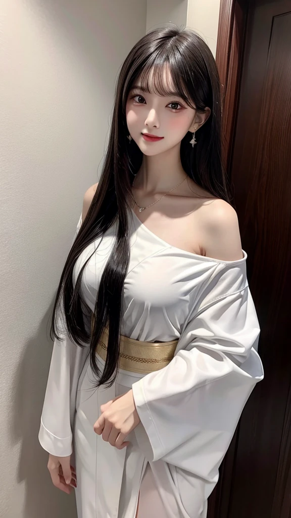 standing in the bathroom, Aroused, necklace, earrings, whole body, long black hair, White Kimono, superb, Ultra high quality, original photo, realism: 1.25), (Bright lip gloss, Long eyelashes, smooth face , Bright skin, Natural shades, wide light, wide light, Depth of Field, strong colors, Subtle Caustics: 0.8), Smile, (Sagging breasts), v6，high angle shot，Off-shoulder，Exposed clavicle，